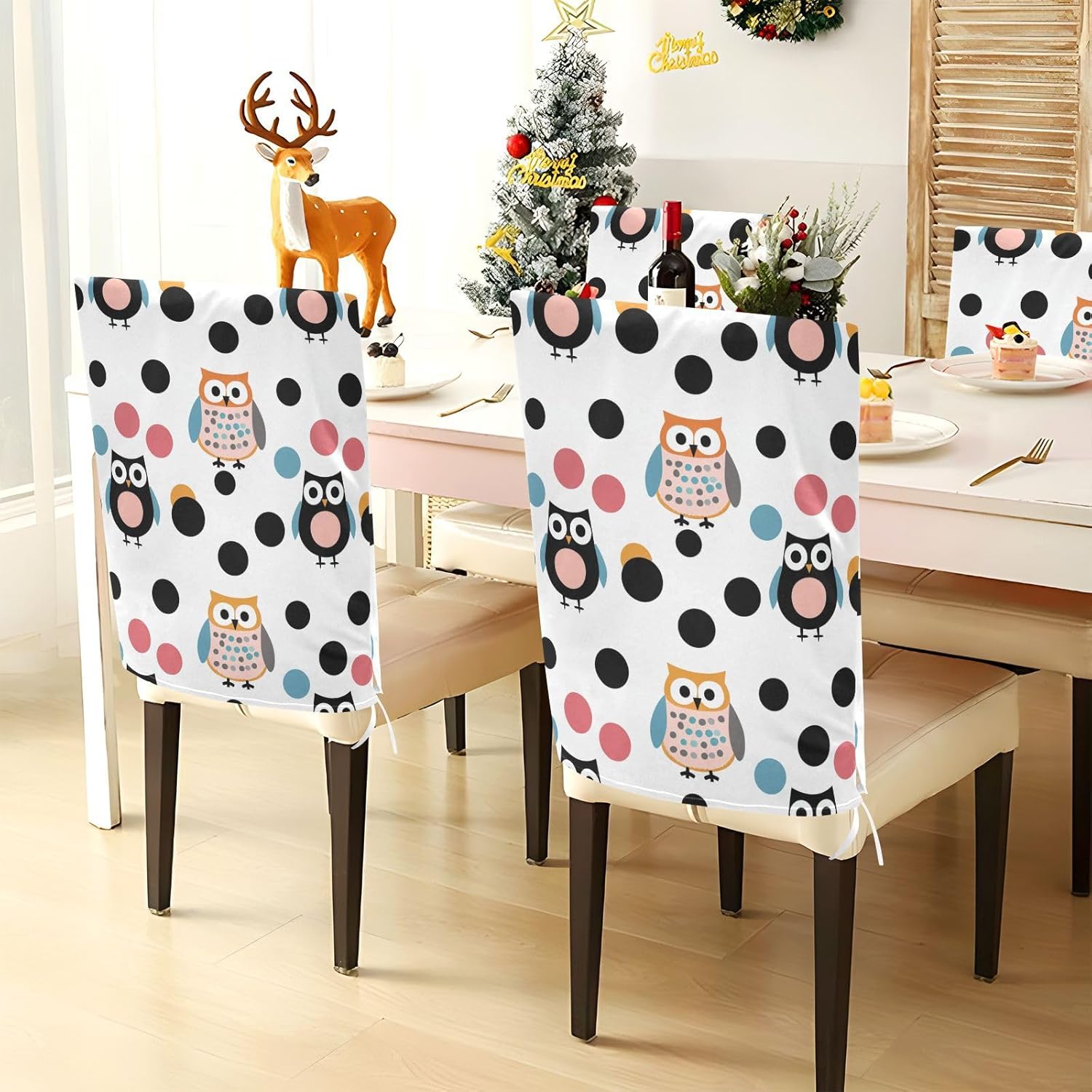 ALAZA Owl Polka Dots Chair Back Cover Set of 6, Washable Reusable Removable Chair Slipcovers Decorative Chair Cover for Home Kitchen Wedding Party