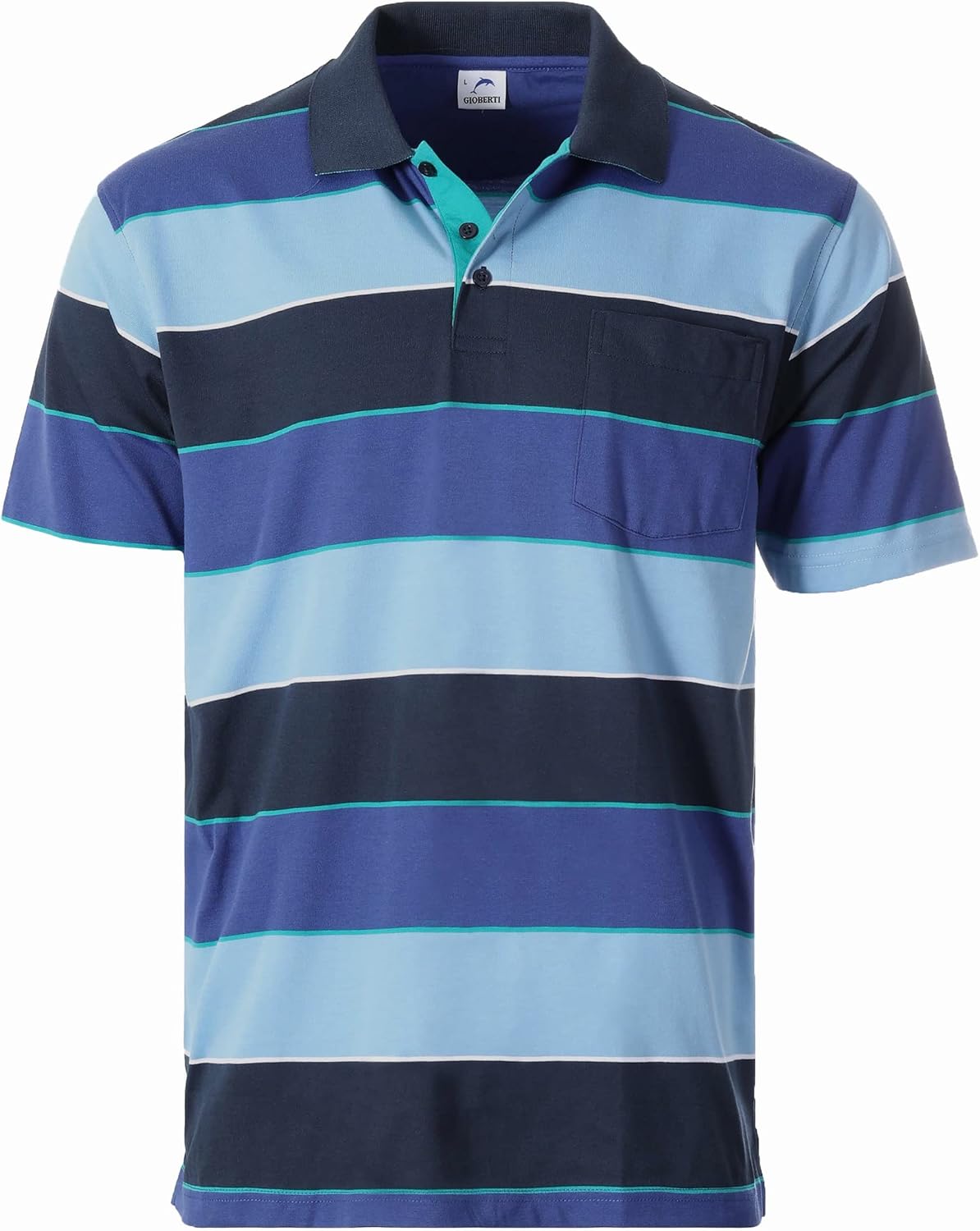 Gioberti Mens Wide Striped Polo Shirt with Pocket - Contrasting Collar Short Sleeve Yarn Dye