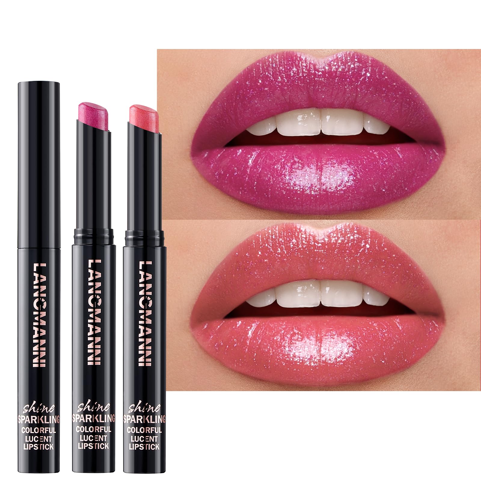 Jolilab 2Pcs Sparkling Lipstick Lip Gloss Long Lasting Waterproof Moisturizer Lip Balm Glitter Shimmer Metallic Lipstick, Diamond Shiny Bold Glow Goth Lipstick for Women Girls,Non-sticky(03+04