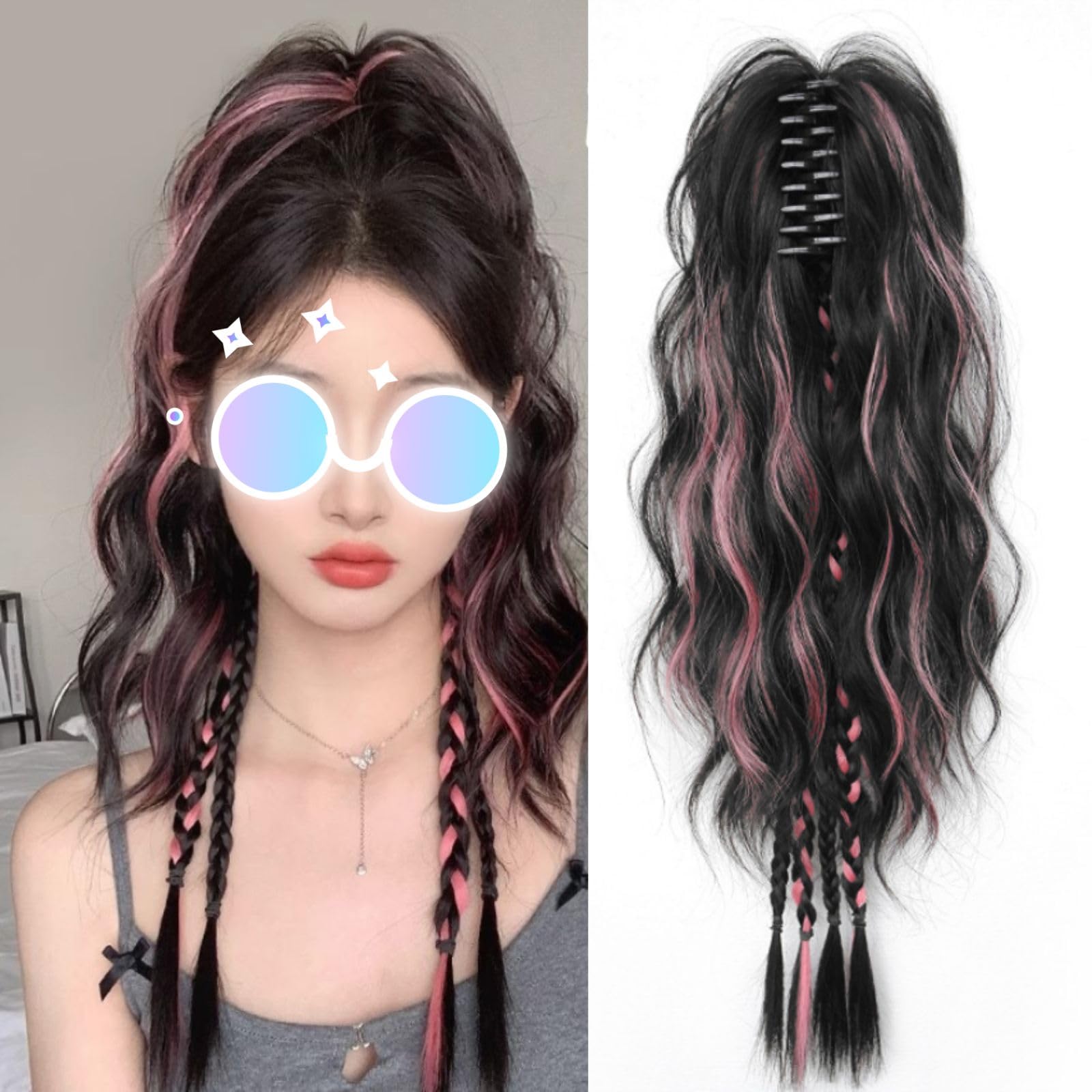 Women's Braided Hairpiece with Claw Clip - Colorful Highlights High Ponytail Sweet Cool Boxer Braids Half-Up Hair Twist