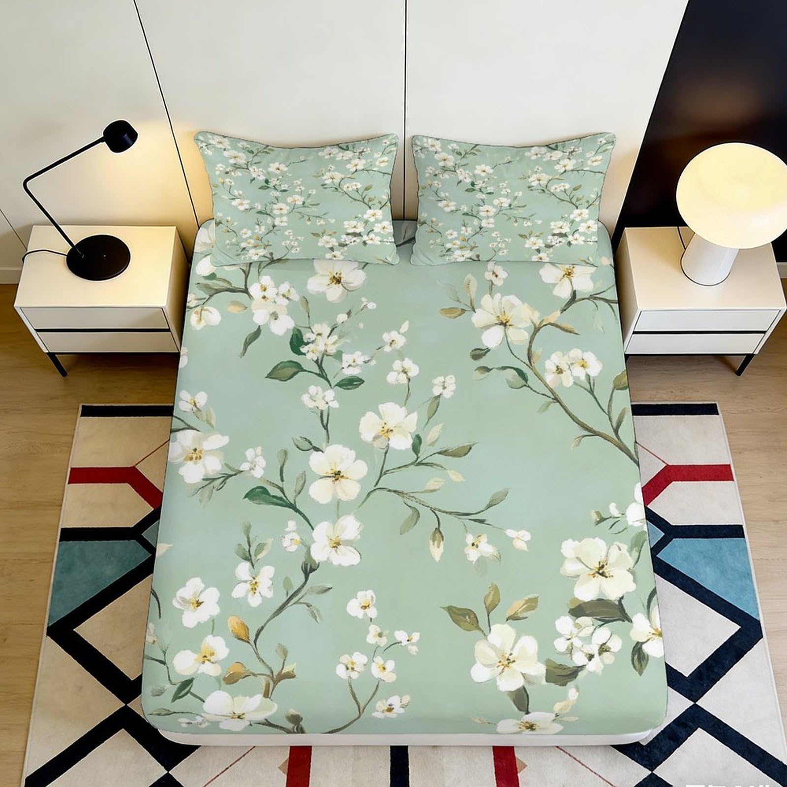 3D Printed Floral Green Fitted Sheet Microfiber Soft Orchid Blossom Mattress Cover for Bedroom Guest Room Decor Protection 90x200x25cm