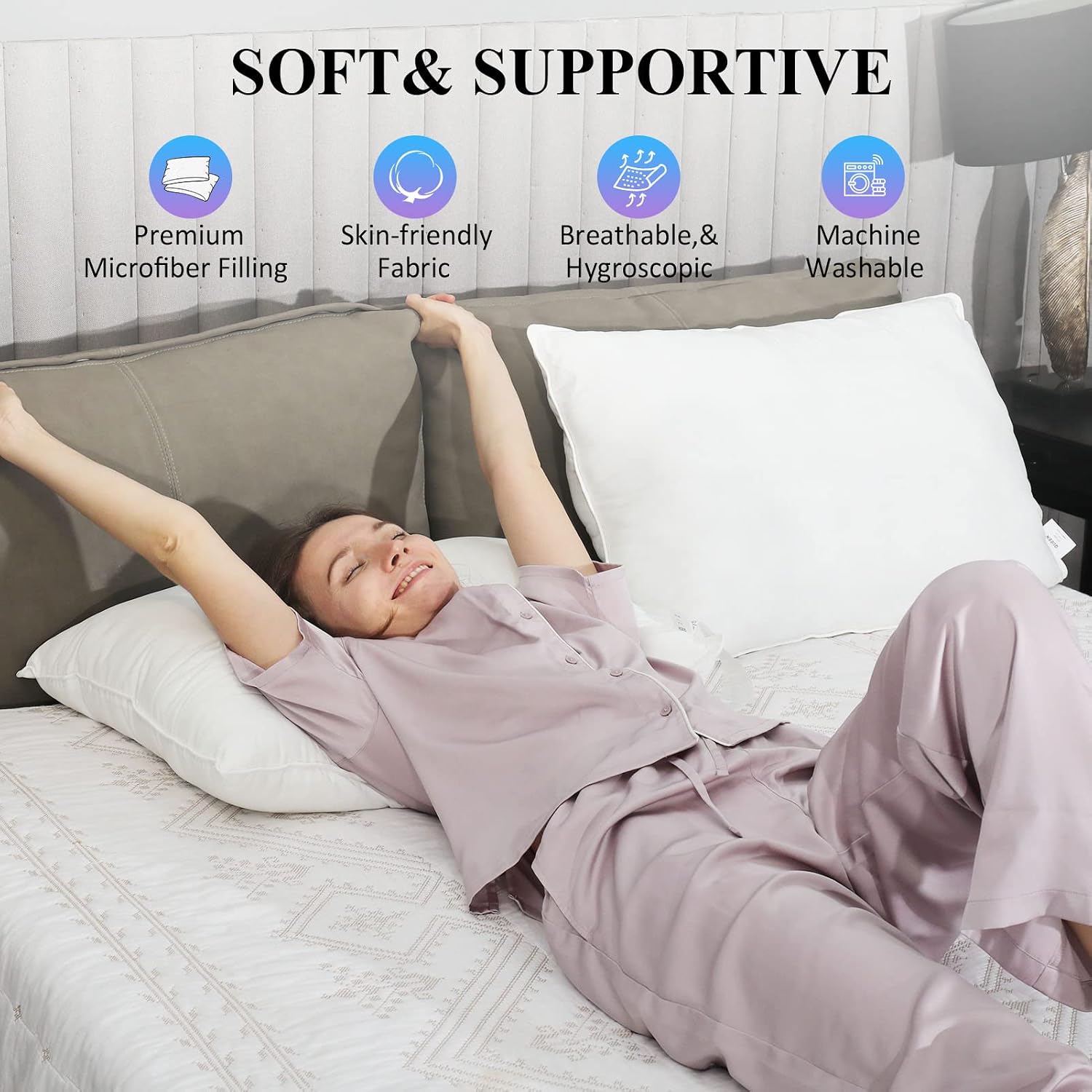 MAXICOZY Fluffy Bed Pillow for Sleeping 2 Pack Standard Size, Microfiber Filling Breathable Soft Supportive Pillow for Back, Stomach or Side Sleepers Cool Pillow 20x36 White (King)