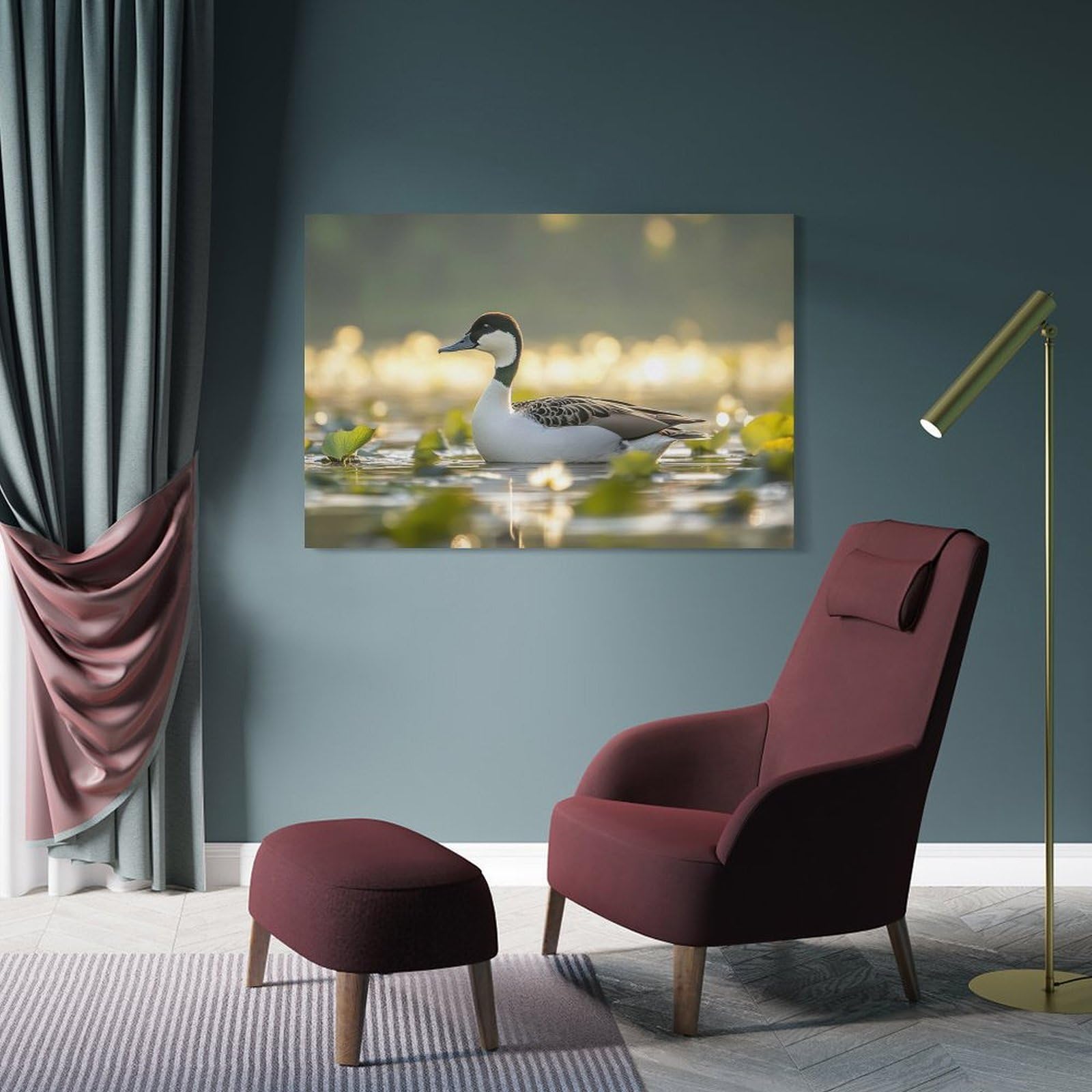 Junmoney Frame-Style-23 Pintail Duck Swimming In Lily Pond Wall Art Print 16X24inch(40X60cm), For Lounge, Study, Hallway Or Flat Walls, Decorative Artwork With Broad Appeal