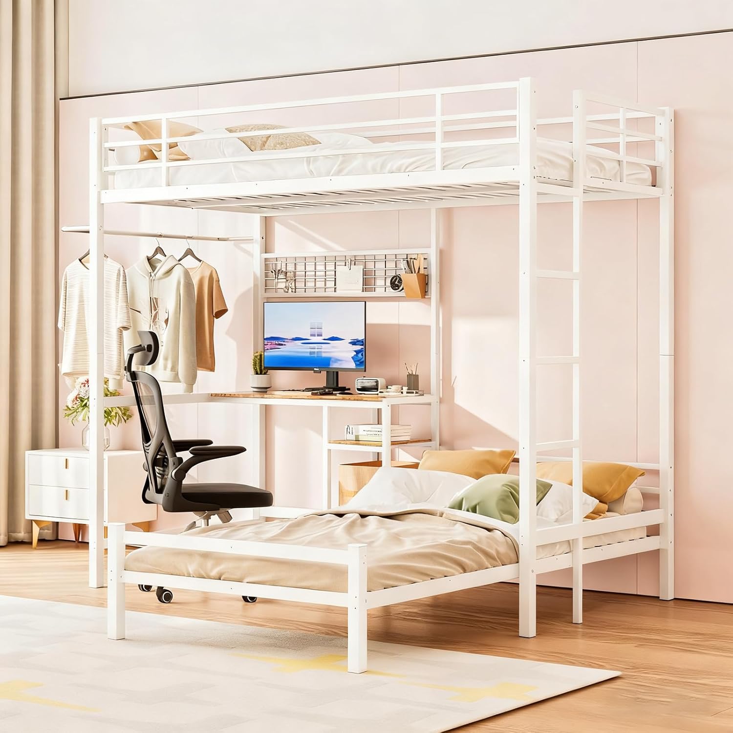 Bunk Beds Twin Over Twin with Desk, Heavy Duty Metal Bunk Bed Frame with Shelves, Space Saving Design for Bedroom, Twin Bunk Bed with High Guardrails and Ladder for Teen or Adult (White)