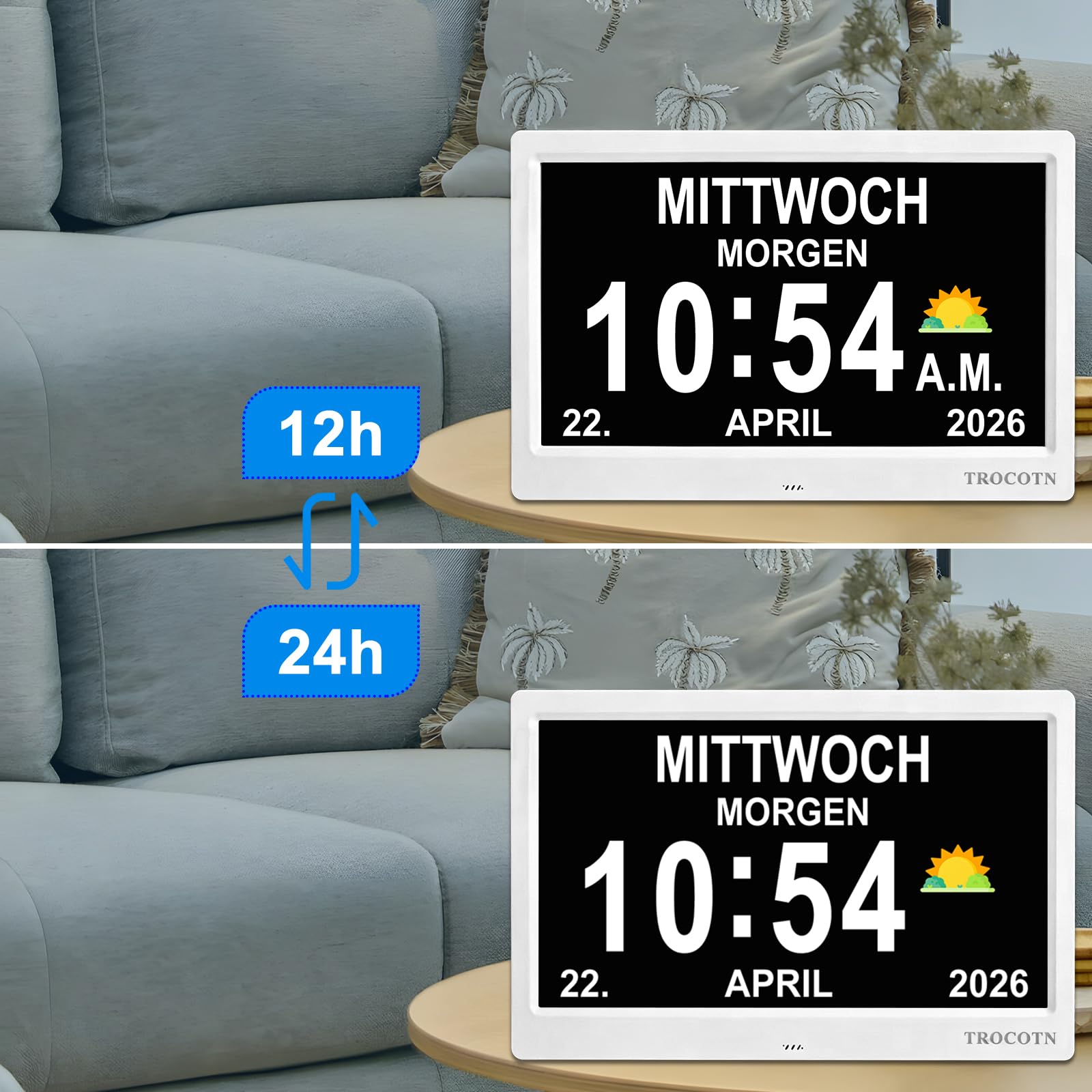 TROCOTN Demenz Uhr senioren, digitaler Kalender, seniorenuhr, großes Display Wecker Wanduhr (Weiß, 10 Zoll)