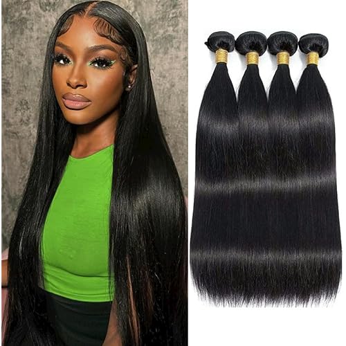 Straight Human Hair Bundles 100% Unprocessed Brazilian 4 Bundles 16 18 20 22 Inch Double Weft Weave Natural Black