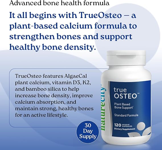 NatureCity True-Osteo Plant-Based Supplement for Bone Strength | AlgaeCal Calcium & Magnesium, Plant-Based Vitamin D3, Vitamin K2, Silicon| Gentle on Stomach (240 Capsules)