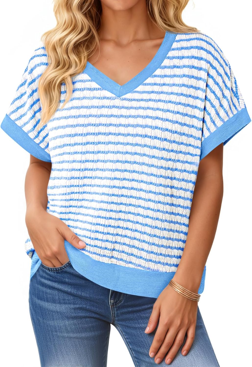 Tankaneo Womens V Neck Short Sleeve T-Shirts Oversized Knit Striped Tops 2026 Trendy Casual Loose Tees