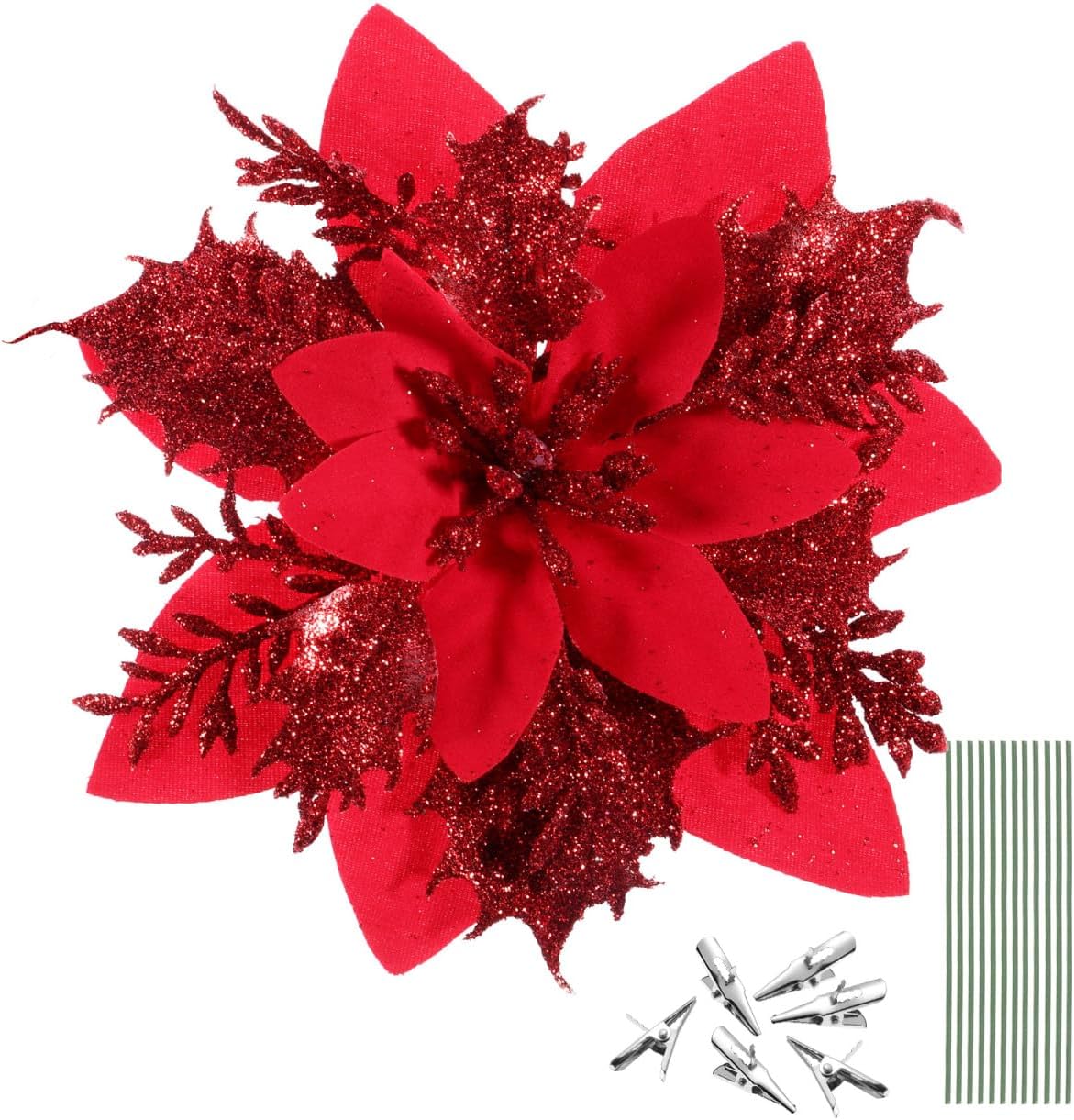 Kisangel 12pcs Christmas Glitter Poinsettia Artificial Xmas Flowers Fake Flowers for Christmas Wreath Tree Ornaments with 12pcs Stems and Clips (Red)