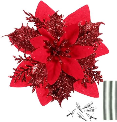 Kisangel 12 flores artificiales de Navidad con purpurina para corona de Navidad, adornos de árbol de Navidad con 12 tallos y clips (rojo)