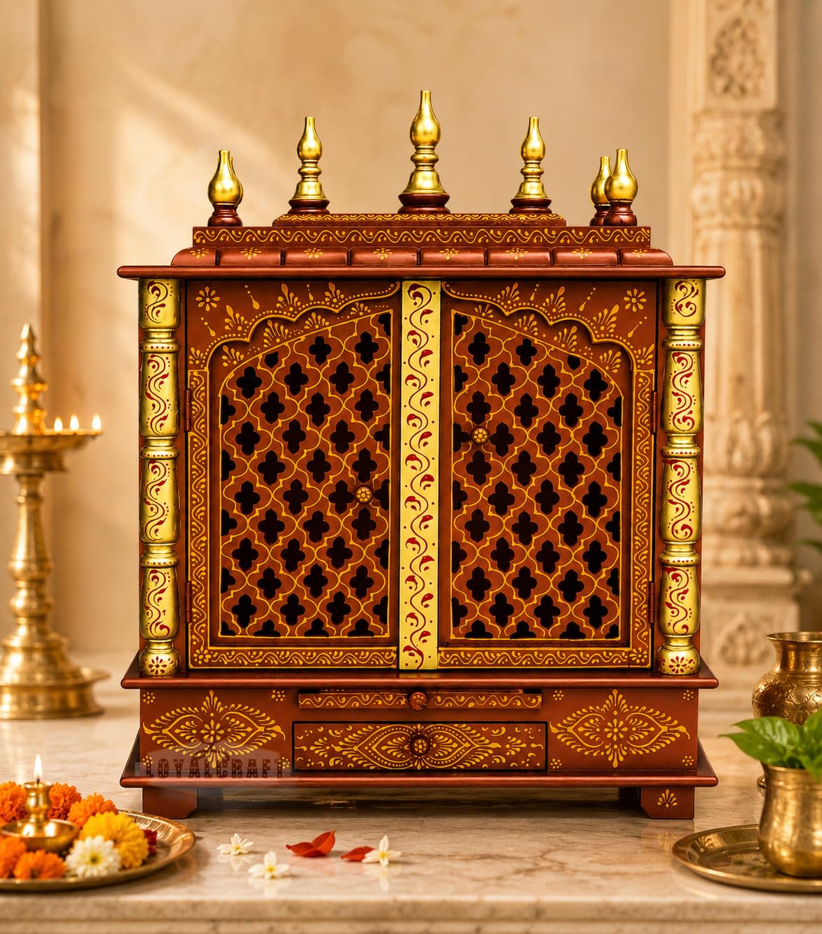 Home Decorative Wooden Temple (Copper Golden, Large 24x12x30 WxDxH
