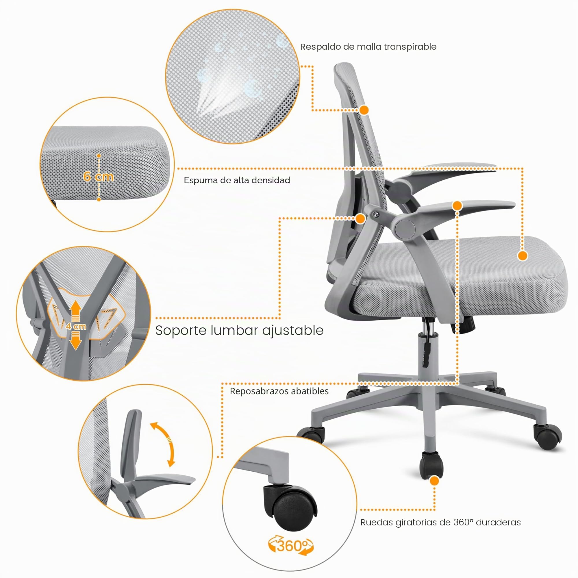 Yaheetech Silla de Oficina con Soporte Lumbar Reposabrazo Ajustable Gris | Reposabrazo Regulable, Altura Ajustable, Silla Malla Transpirable, Ahorro de Espacio, Ideal para Espacio Limitado
