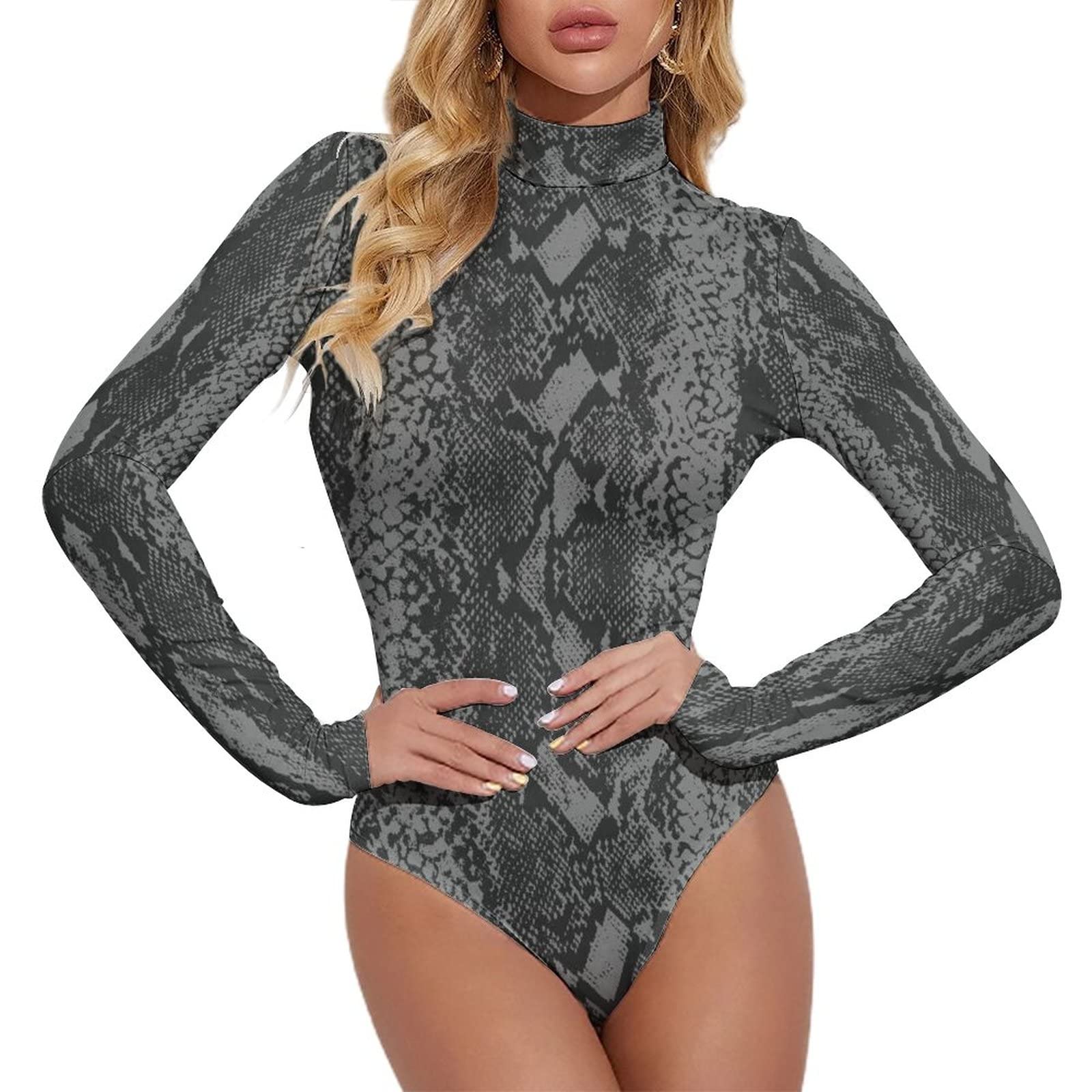 Lurhonp Women's Color1 Snakeskin Bodysuit Tops Mock Neck Long Sleeve Slim Fit Jumpsuit, Large