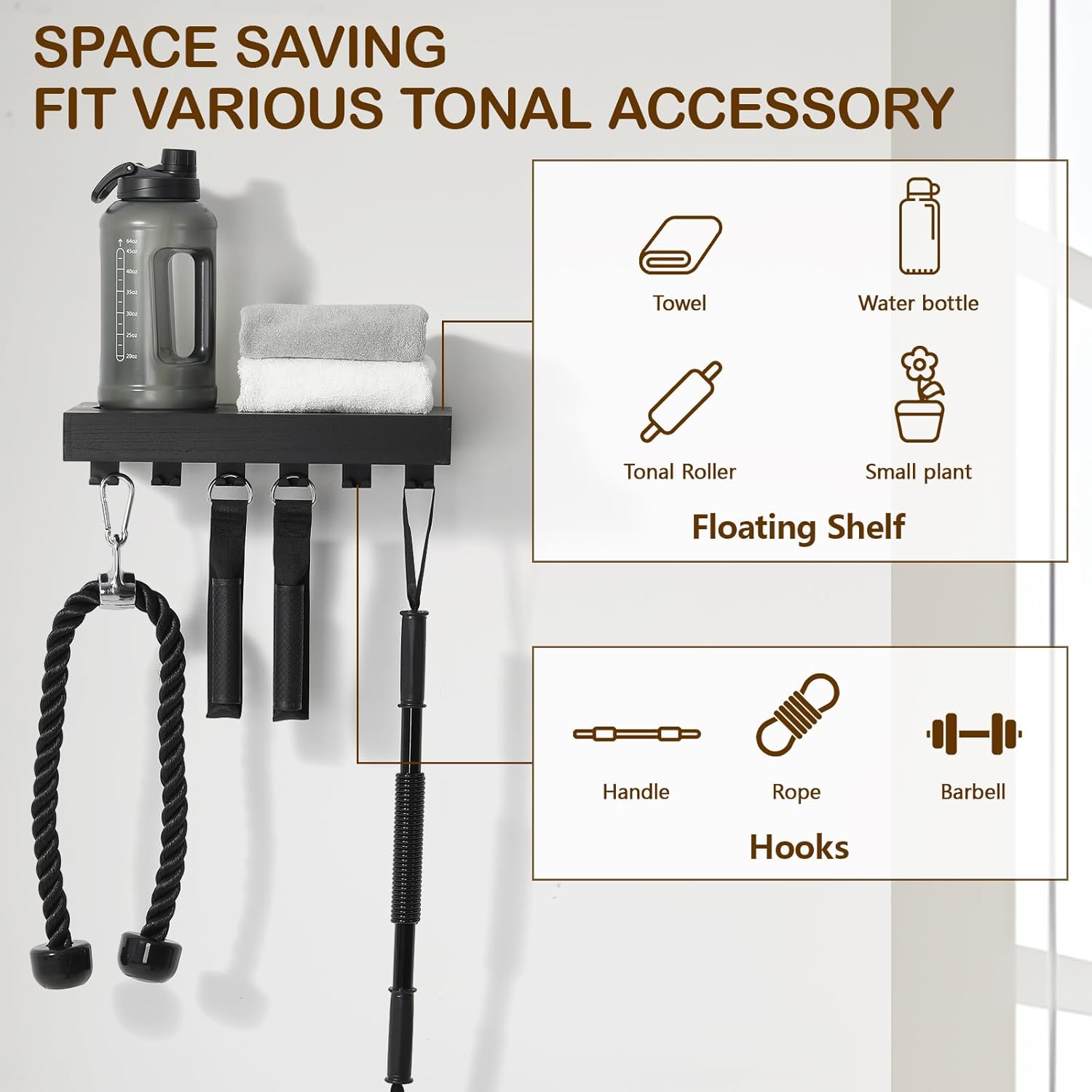 Tonal Accessory Shelf, Wall Mount Floating Shelf Organizer Fits Various Home Gym Accessories, Heavy Duty Space Saving Tonal Storage Rack with 6 T-Locks Clips Hooks Adapters Hanger, Black