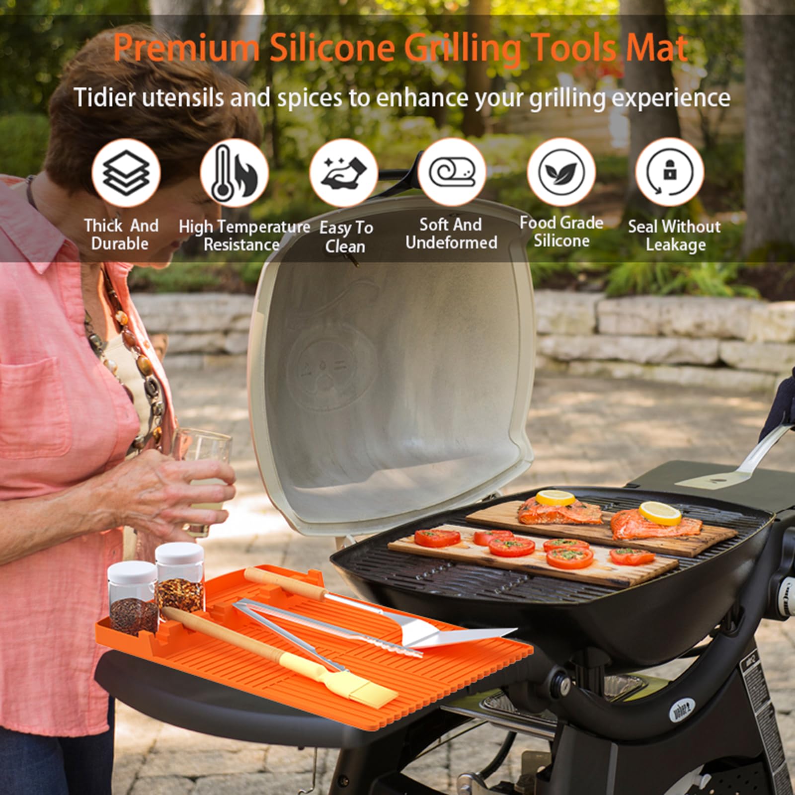ELESULTRA Silicone Grill Mat for Blackstone - Griddle Tools Mats with Drip Pad for Outdoor Kitchen Spatula Mat for Grilling Kitchen Cooking Countertop Backyard BBQ Accessories, Included Brush