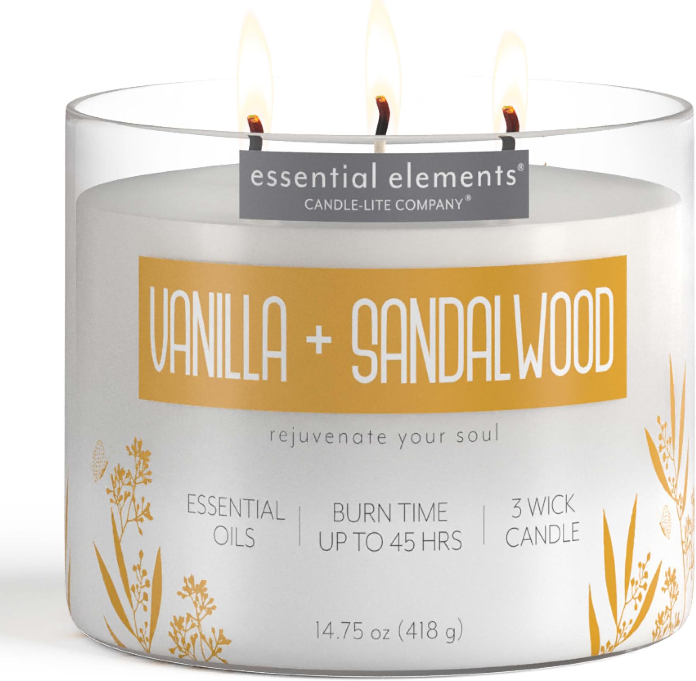 by Candle-lite Scented Candles, Vanilla & Sandalwood Fragrance, One 14.75 oz. Three-Wick Aromatherapy Candle with 45 Hours of Burn Time, Off-White Color