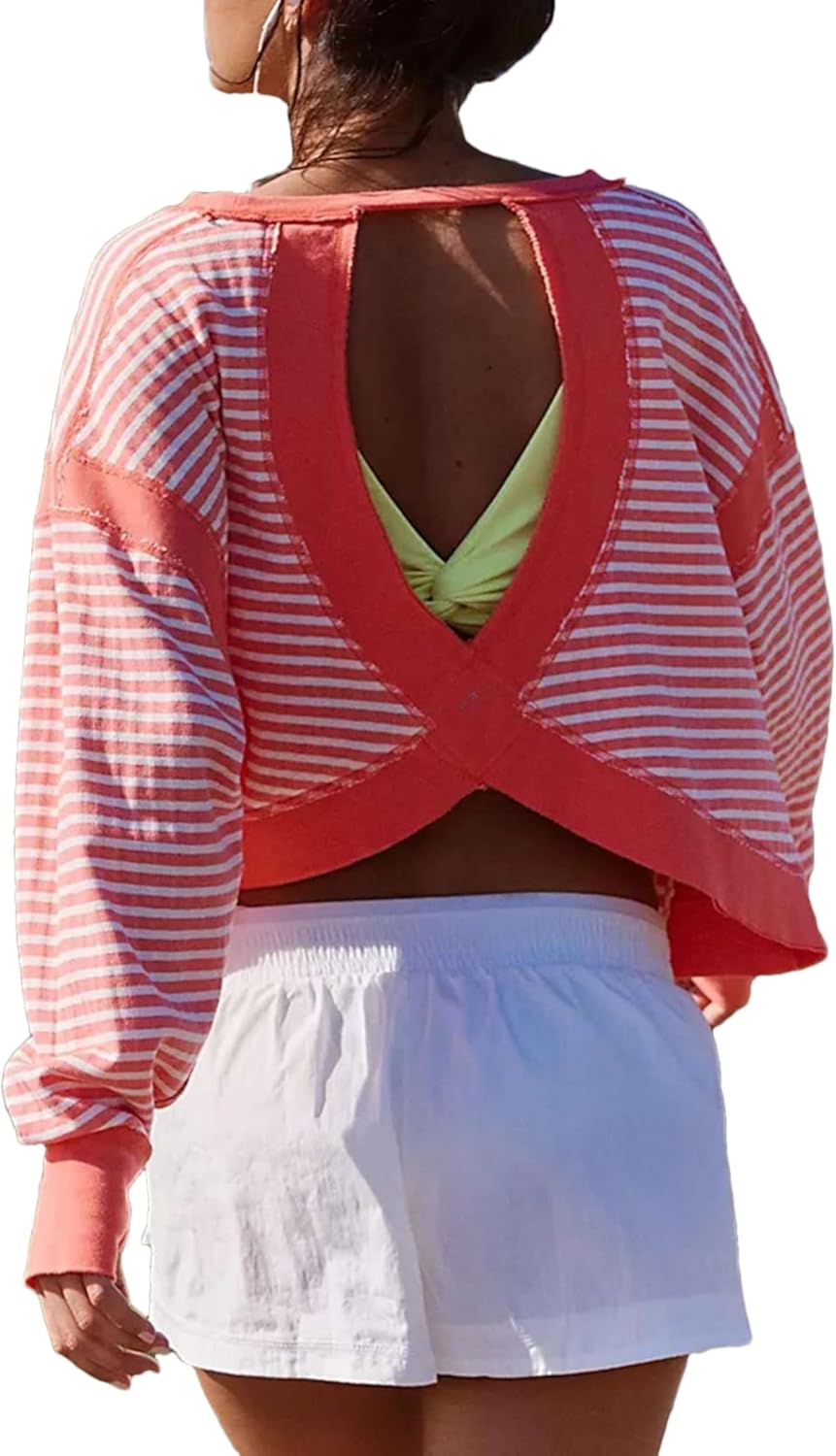 Bozanly Womens Open Back Striped Workout Tops Casual Long Sleeve Y2K Athletic Yoga Loose Shirts
