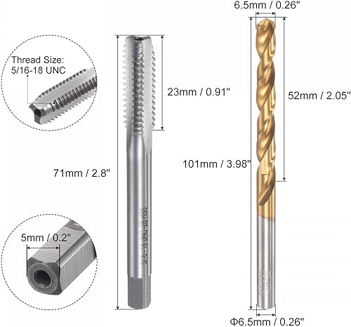 Miniatura 2 de uxcell 516-18 UNC Straight Flute Thread Tap y 0.256 in Twist Drill Broca Set, titanio plateado 6542 Acero de alta velocidad Brocas de perforación
