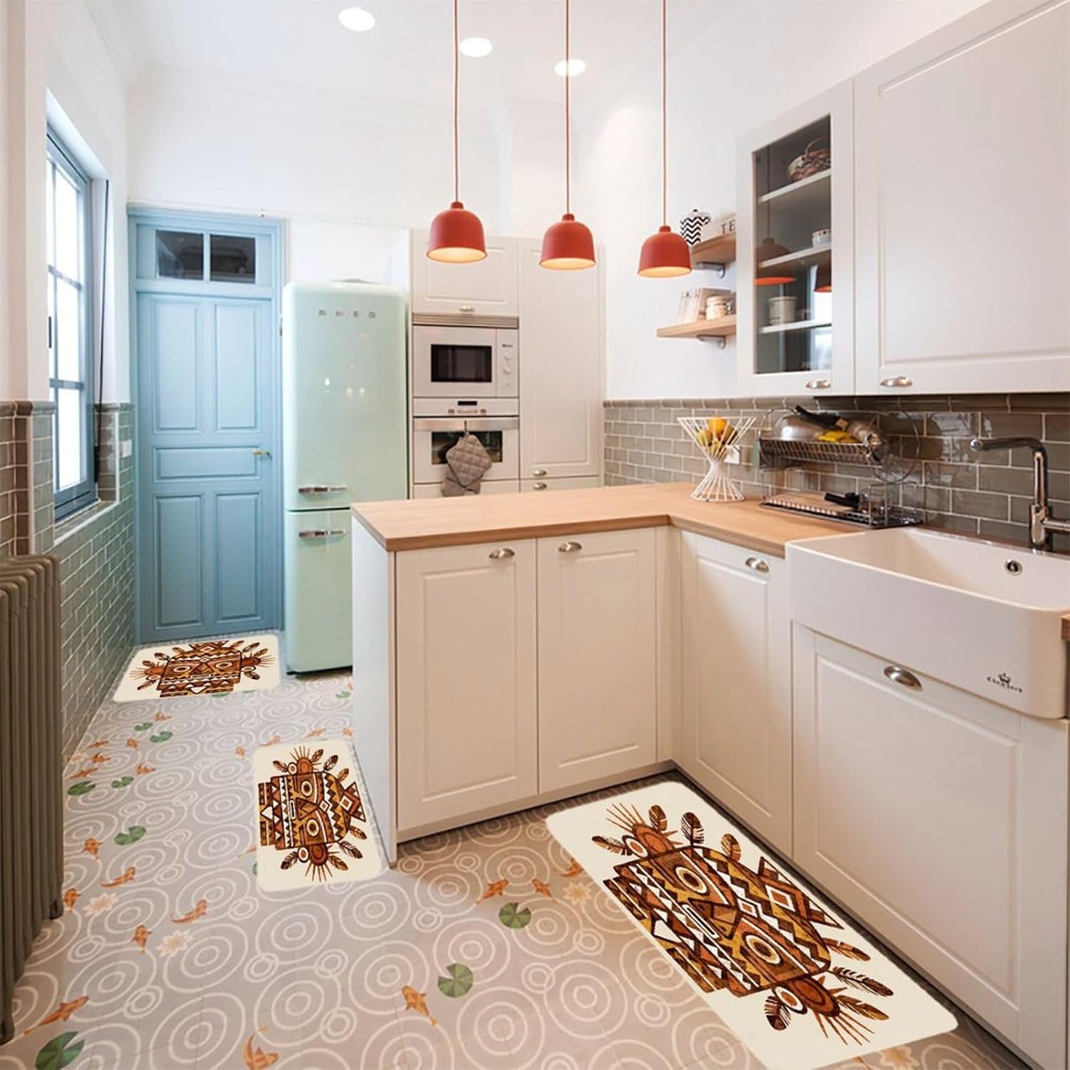 Brown Aztec Kitchen Rugs Sets of 3 Non Slip Kitchen Mat for Floor Comfort Standing Rug and Mats Thick Cushioned Long Area Carpets for Laundry Room Entryway