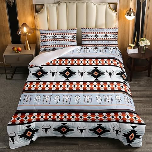 Miniatura 2 de Erosebridal Juego de ropa de cama azteca, tamaño King, diseño del suroeste, relleno de edredón exótico de calavera de toro para niños y niños,