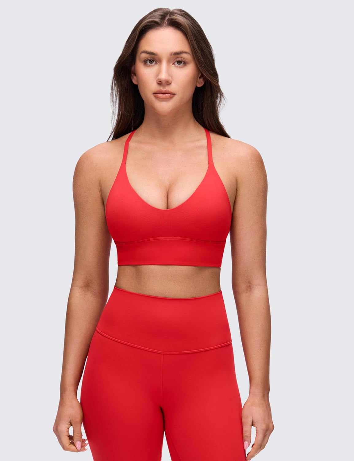 CRZ YOGA Butterluxe V Neck Longline Sports Bras for Women - Padded Spaghetti Straps Cross Back Yoga Crop Top