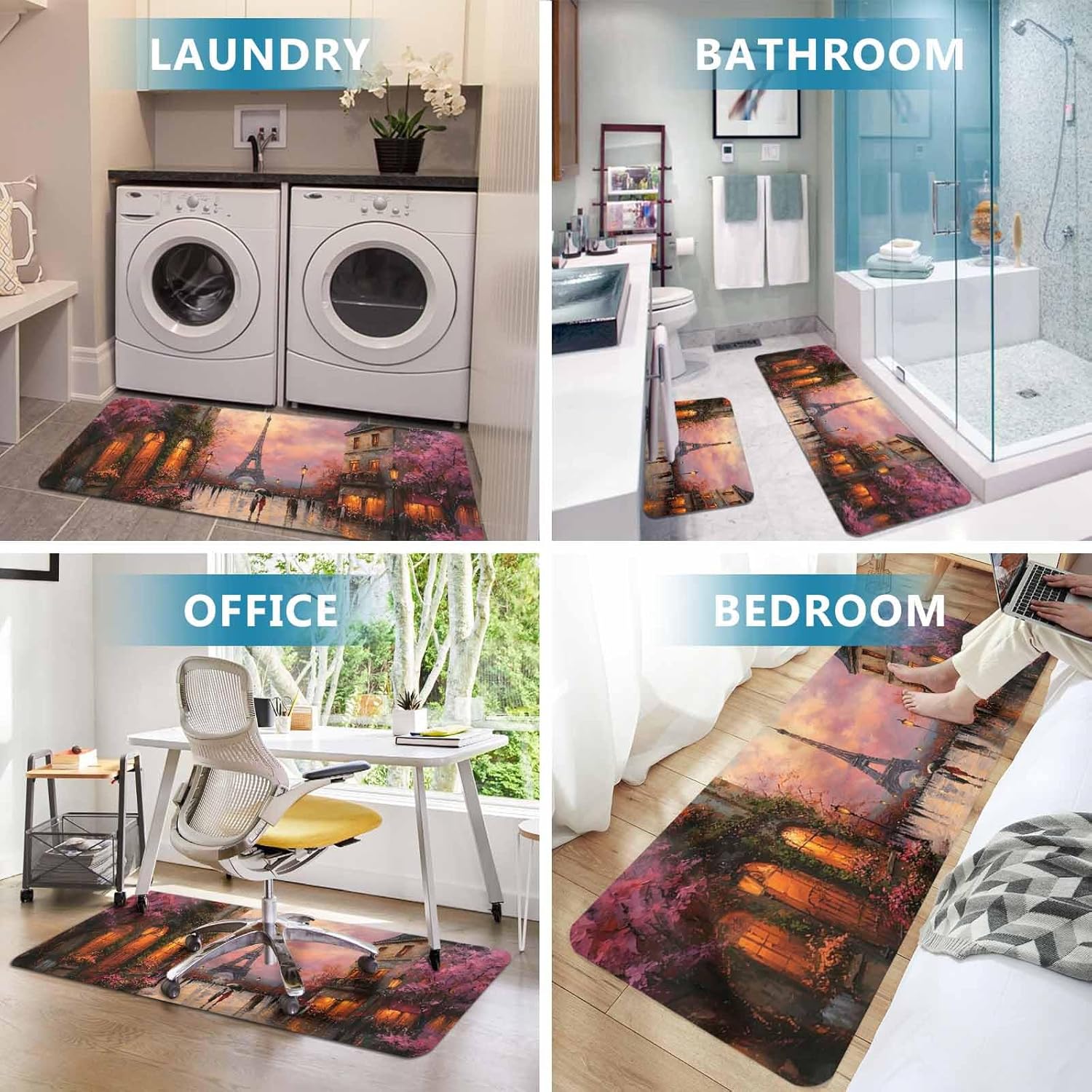 Prime Leader Eiffel Tower Kitchen Mat Set 2 Pieces Purple Sunset Country Oil Painting Street View Non Slip Kitchen Rugs Washable Runner Rug Mats for Sink Laundry (19.7" x 31.5"+19.7" x 47.2")