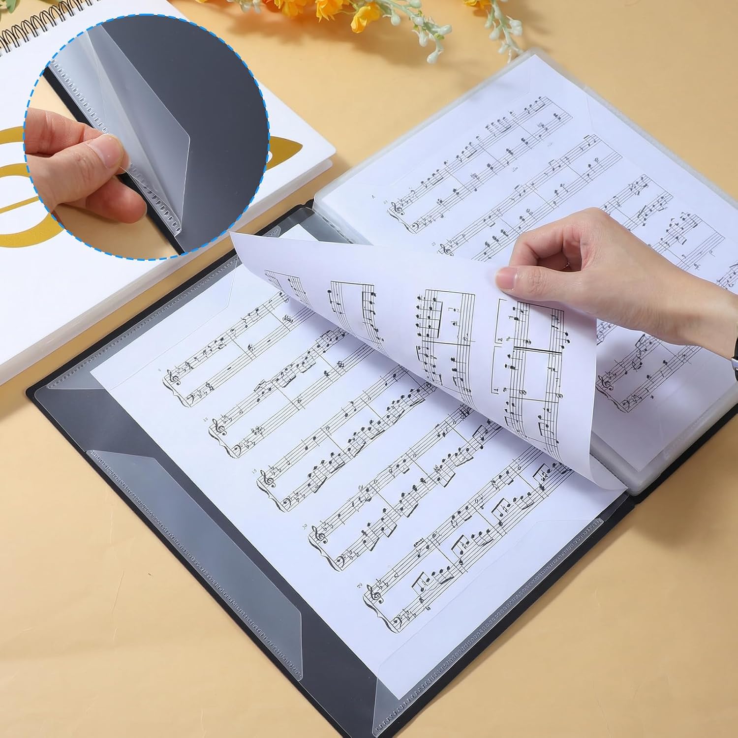 2 Pcs Piano Sheet Music Folder Organizer, Music Folder for Sheet Musical, 30-Pocket (60 Pages) Spiral Binder, 8.5x11 Inch Letter Size, Black & Cream White for Choir Band Orchestra Lessons image 4
