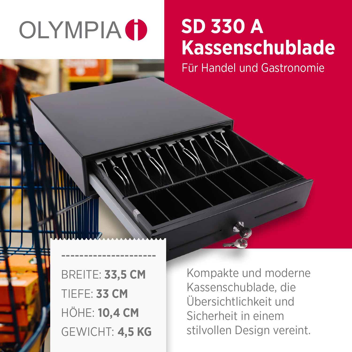 Olympia SD 330A Kassenschublade 4 Fächer Banknoten 8 Münzen RJ-12 12-24 Volt 33,5x33x10,4 cm