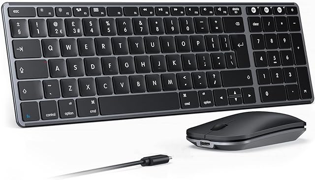 Bluetooth Rechargeable Keyboard and Mouse for Mac OS, iOS, Multi-Device Wireless Keyboard and Mice Ultra Thin Silent, UK Layout for MacBook, iMac, iPad, iPhone, Black and Space Gray