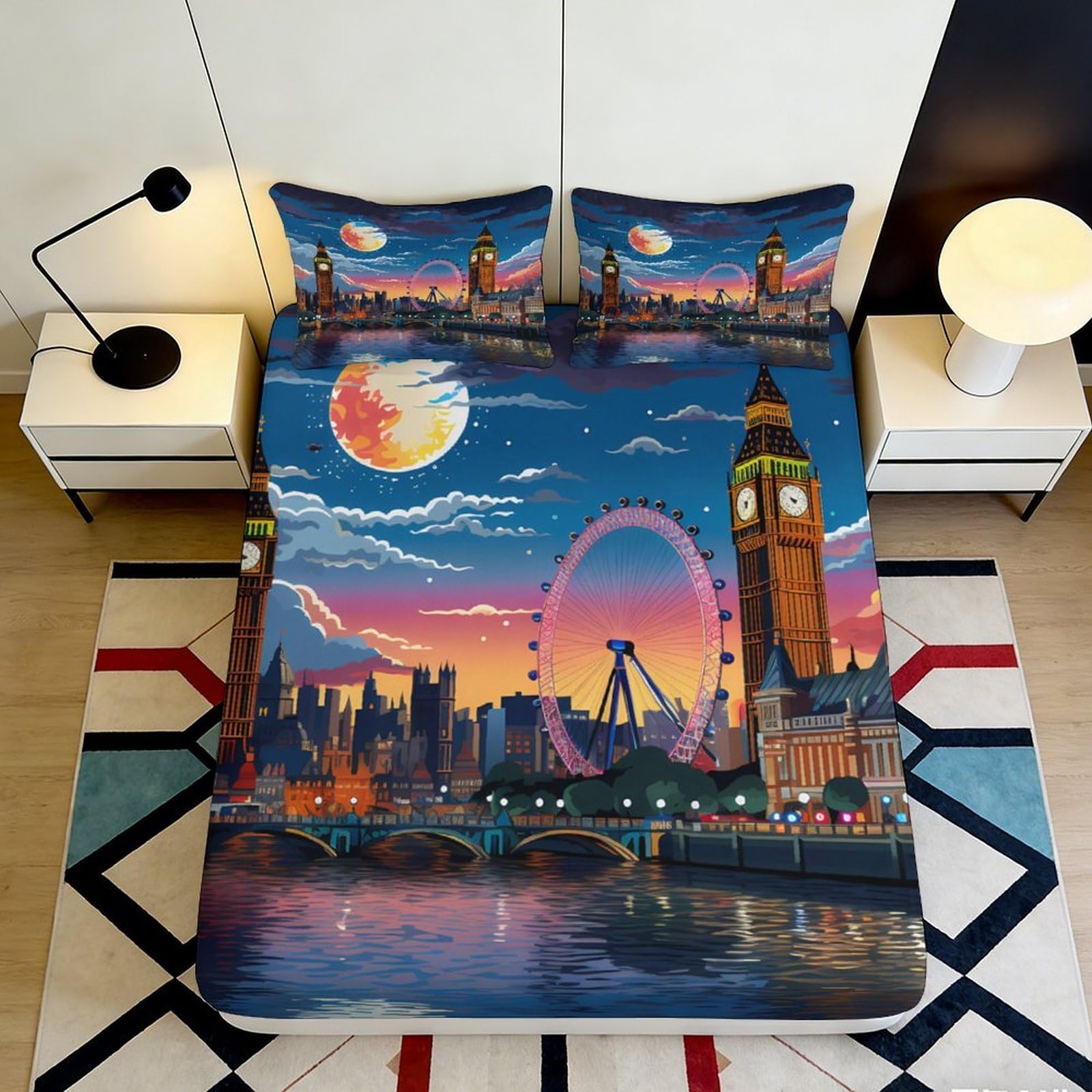 3D Printed London Nightscape Fitted Sheet Microfiber Smooth Decorative City Skyline Bed Cover for Bedroom Dorm Guest Room 90x200x25cm