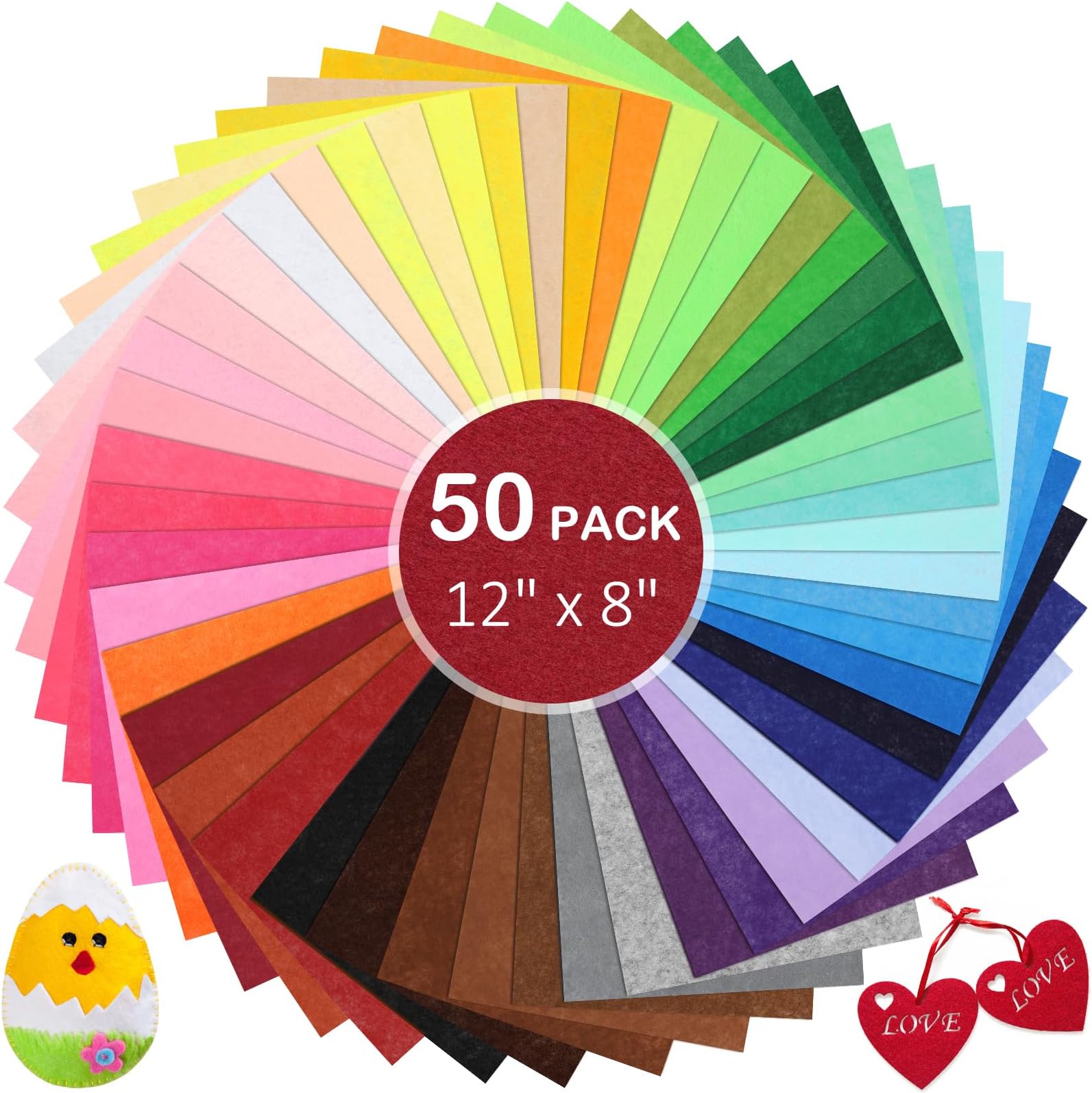 50Pcs Felt Fabric Sheets, Assorted Colors Soft Felt Sheets for Crafts DIY Patchwork Sewing School Projects Decoration, 50 Colors (8 x 12 inches)
