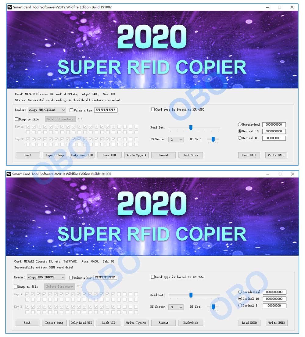 Screenshot of the '2019 SUPER RFID COPIER' software interface, showing options for reading and writing RFID cards.