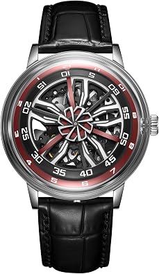 OBLVLO Skeleton Automatic Watch for Men, Stainless Steel, Waterproof, Tyre Design