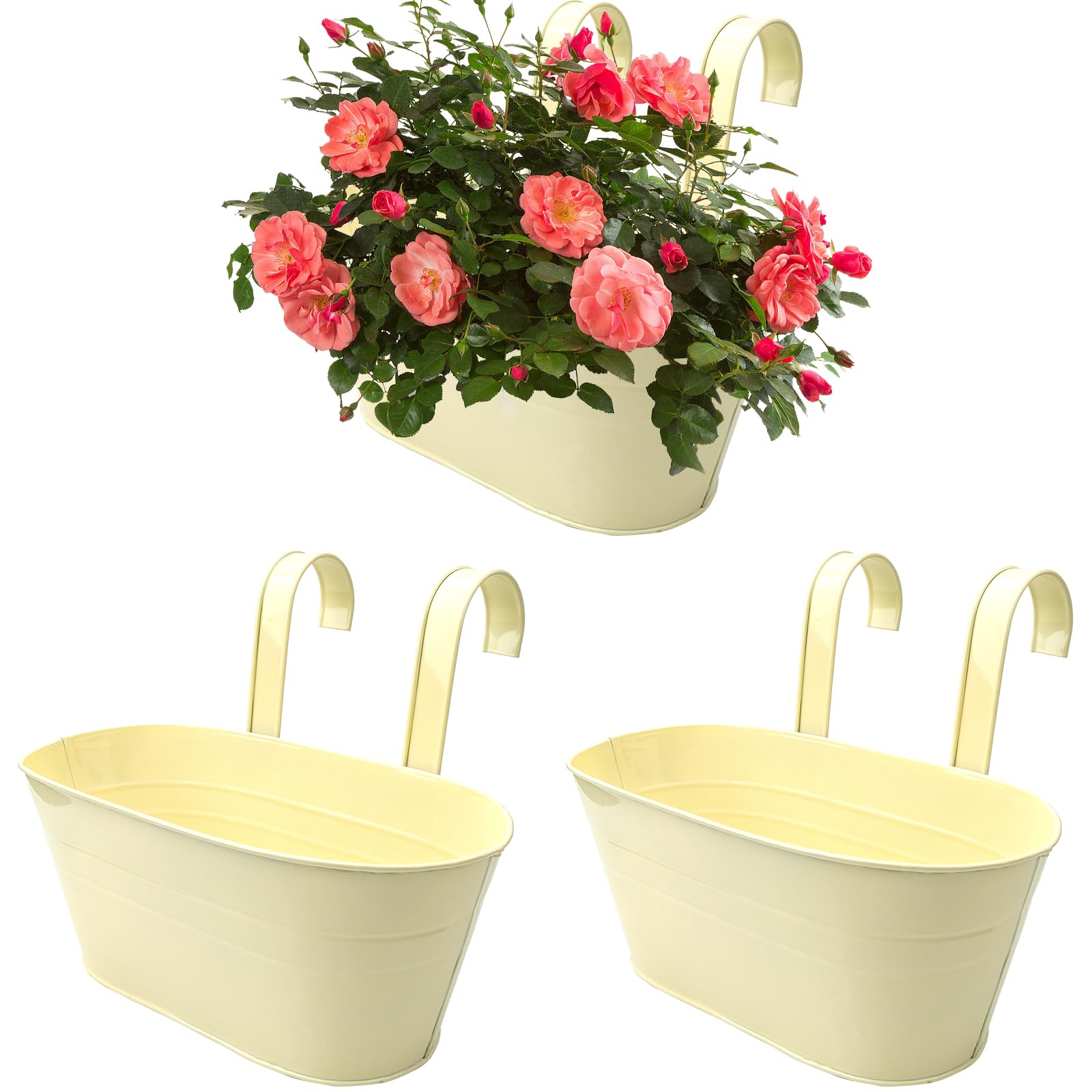 Roellgs 3Pcs Metal Hanging Flower Pots, 28.5cm Large Plant Pots Hanging Flower Bucket with Detachable Hook for Balcony Fence Garden Home Decor (3, White)