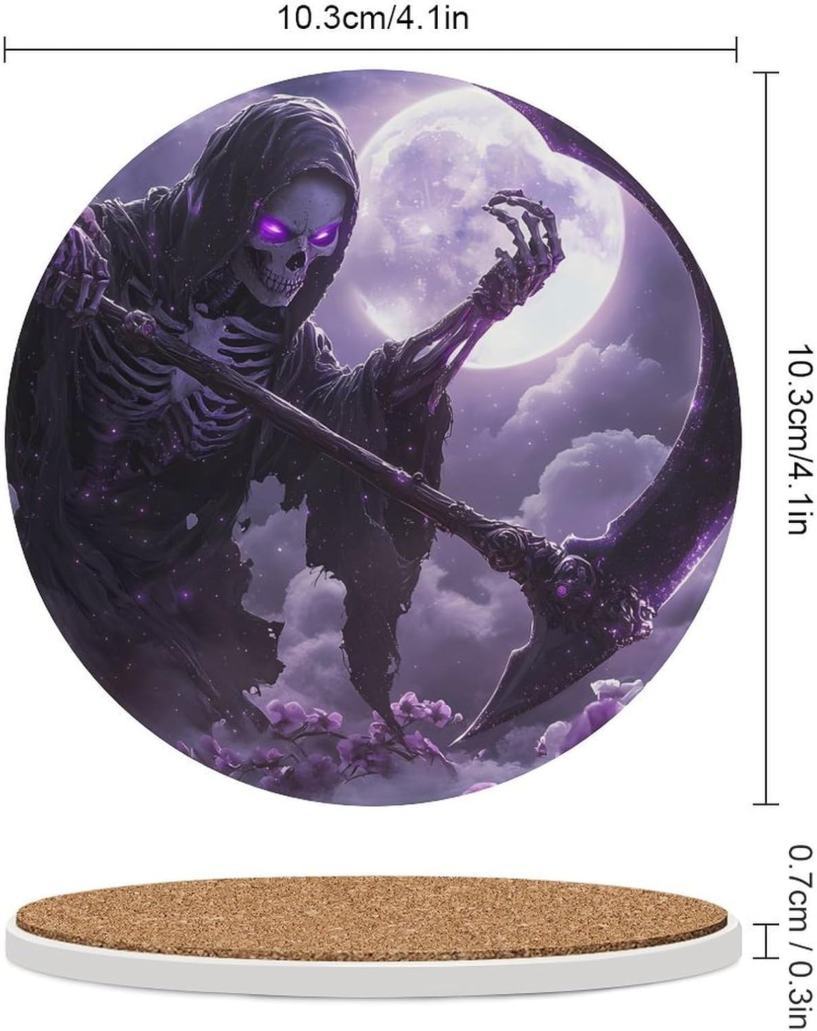Purple Grim Reaper Mom Funny Round Ceramic Coasters for Drink Absorbent Cup Holders Tabletop Protection