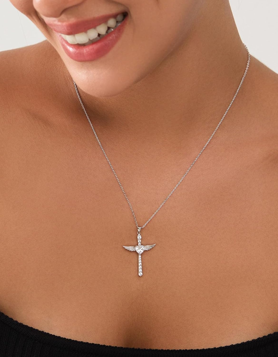 925 Sterling Silver Cross Necklace for Women, 18K Gold Plated or Silver Cross Pendant with 5A Heart Cubic Zirconia, Angel Wings Crucifix Faith Jewelry for Wife Mom - Image 3