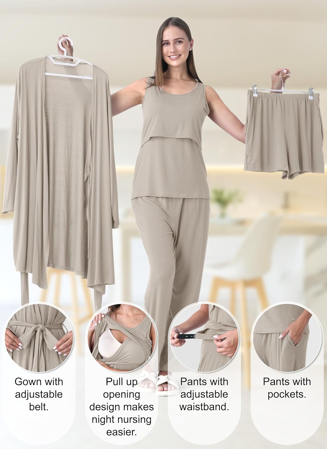 Rnxrbb 4 PCS Nursing Pajamas Gown Set Postpartum Pajama Nightgown Breastfeeding Pj for Hospital Labor Delivery - Image 6