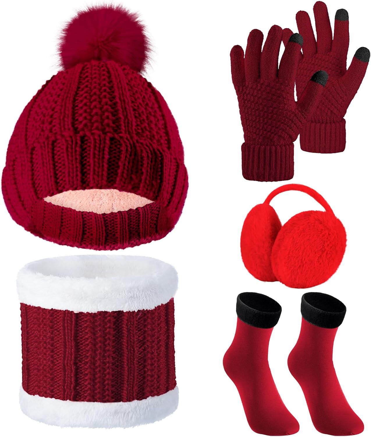 Winter Hat, Scarf & Fleece Gloves Set for Women – Touchscreen Earmuffs (Wine Red)