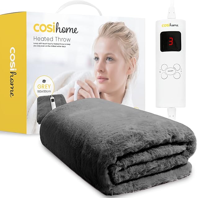 Cosi Home® Luxury Faux Fur Heated Throw - Electric Heated Blanket with 9 Heat Settings, 9 Hour Timer and Overheat Protection - Machine Washable with Remote Control - Grey Throw