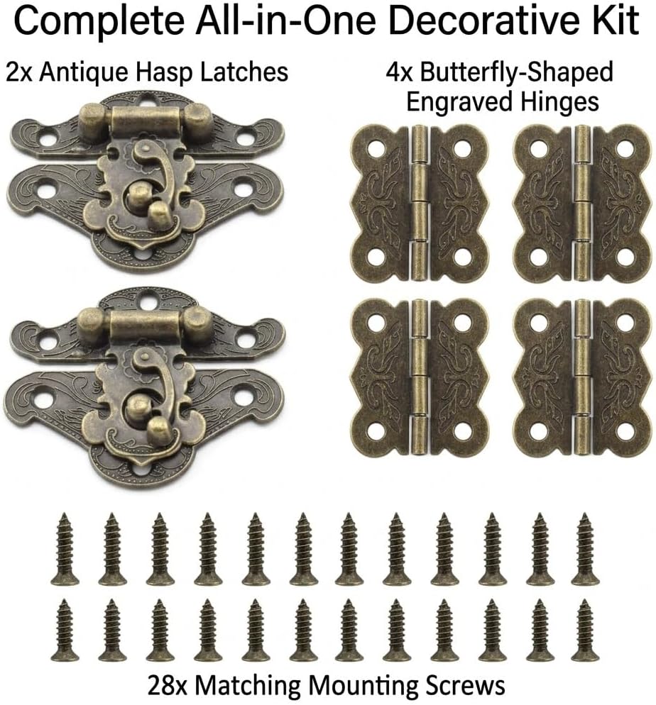 Antique Bronze Mini Box Hinges and Latch Set, Ornate Engraved Butterfly Hinges 1.2" x 1.08", Decorative Clasp 1.9" x 1.5", with Screws