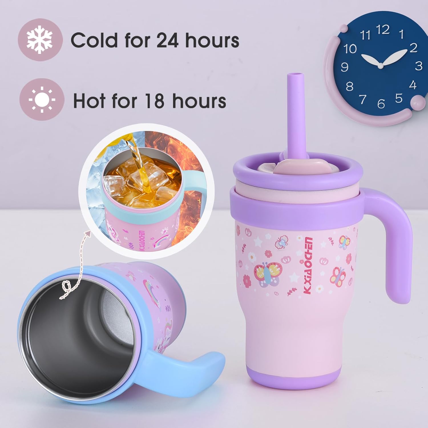 KXIAOCHEN 14 oz Kids Tumbler with Handle for Spill Proof Insulated Stainless Steel Reusable Tumbler for Toddlers, Keeps Drinks Cold up to 24 Hrs,Unicorn+Butterfly2P - Image 4