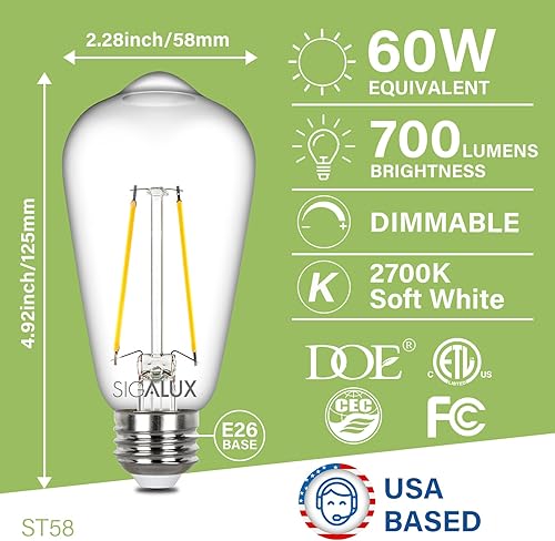 Miniatura 2 de Sigalux EcoBright - Bombillas LED Edison que cumplen con T20, bombilla LED E26 ST58, filamento transparente, regulable, vintage, equivalente a 60 W,