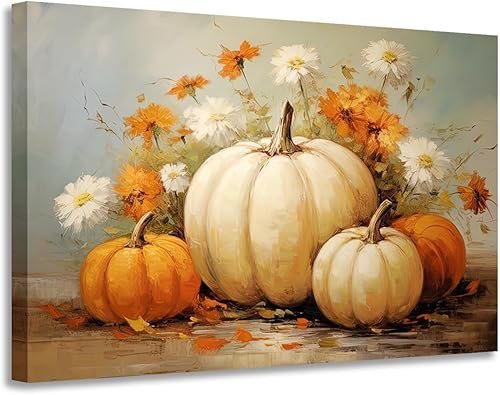 GLOKAKA Arte de pared de calabazas de otoño y otoño, arte rústico de otoño, pintura al óleo vintage de Acción de Gracias, impresiones estiradas y