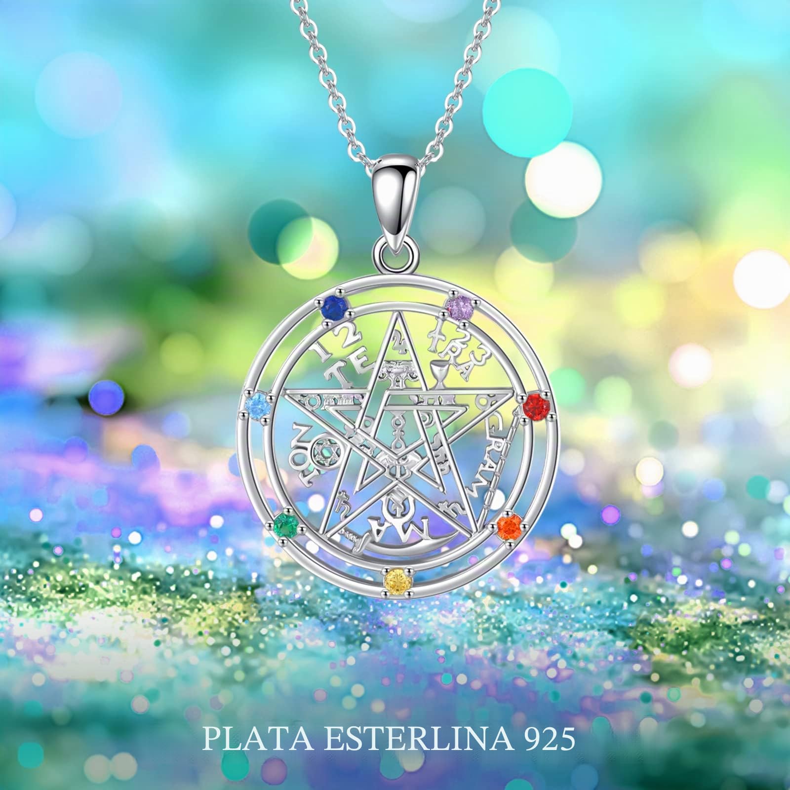 Tetragrammaton - Collar de plata de ley con colgante de pentagrama de 7 chakras, collar pagano, joyería pagana, regalo para mujer, Plata esterlina