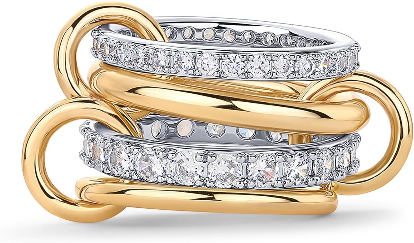 PAVOI 14K Gold Plated Interlocked Stackable Rings for Women - Statement Mixed Metals Multi Ring Stack - Cubic Zirconia Two-Toned Connected Bands Stacking Jewelry, 7, Two-Toned, Cubic Zirconia, 7