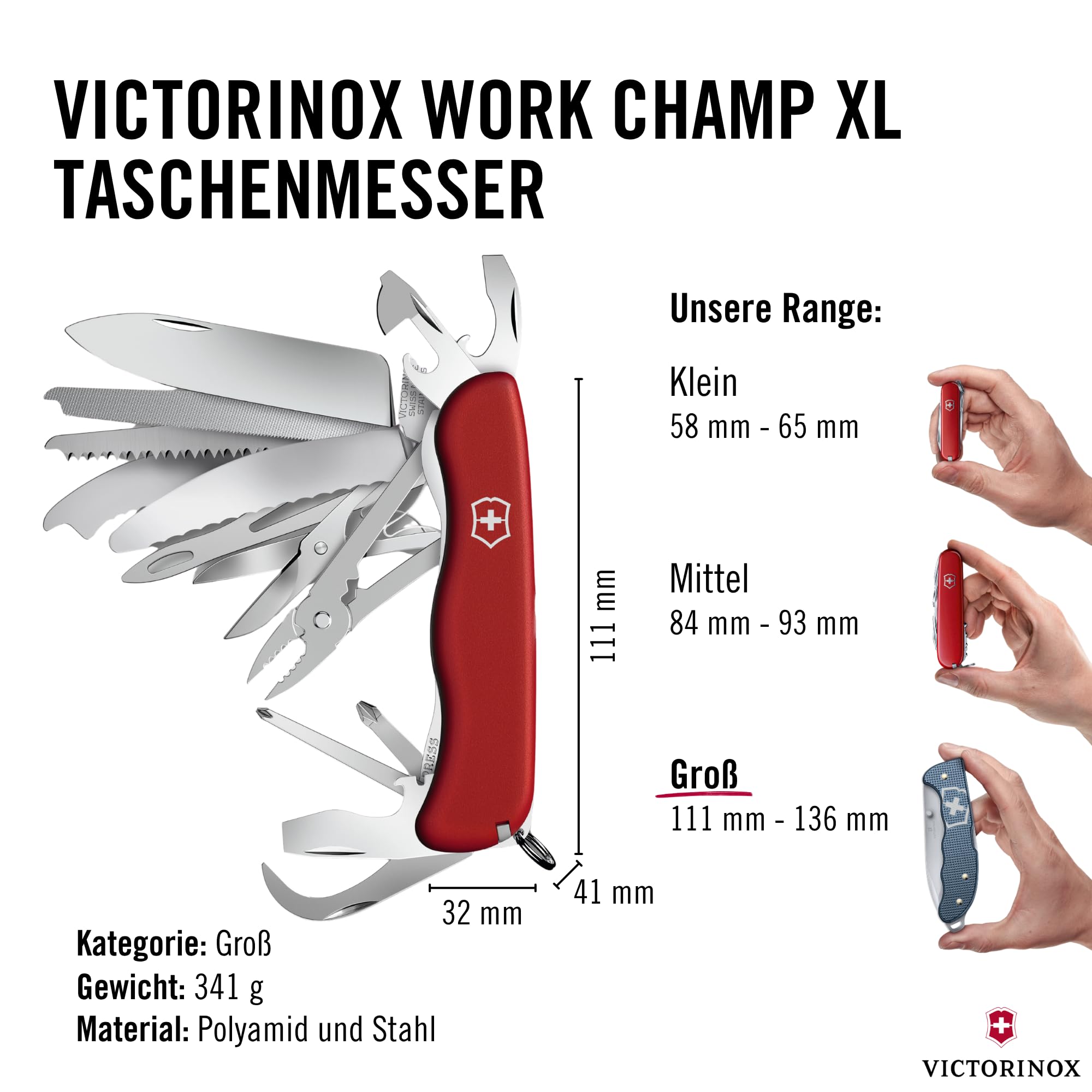 Victorinox Schweizer Taschenmesser, Work Champ XL, Multitool, Swiss Army Knife mit 31 Funktionen, Feststellklinge, Korkenzieher, Mini-Schraubendreher