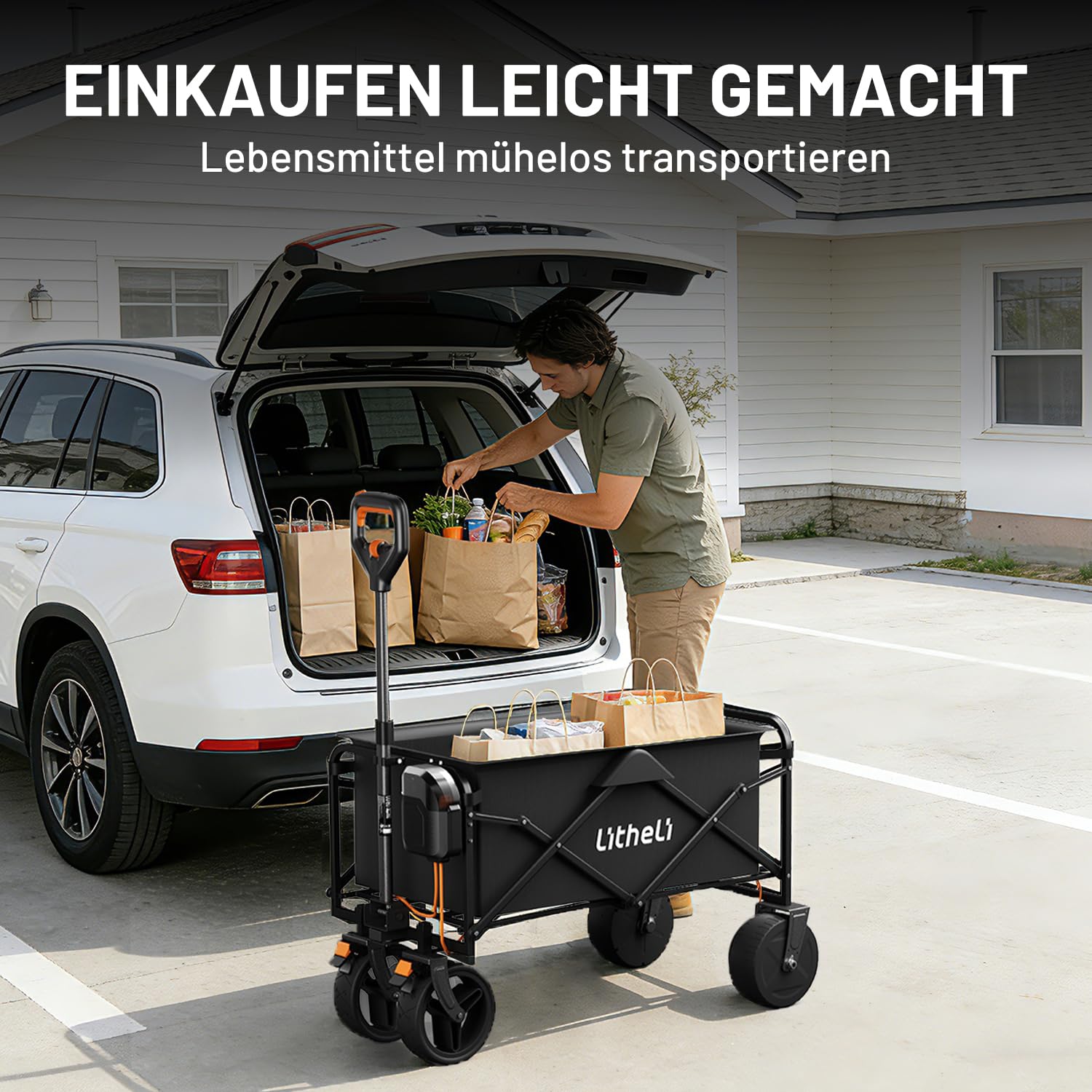 Litheli Carrello elettrico pieghevole, con motore e freni, portata 100 l, 50 kg, adatto per campeggio, giardino, spiaggia, shopping (nero, W1 Go, senza batteria)