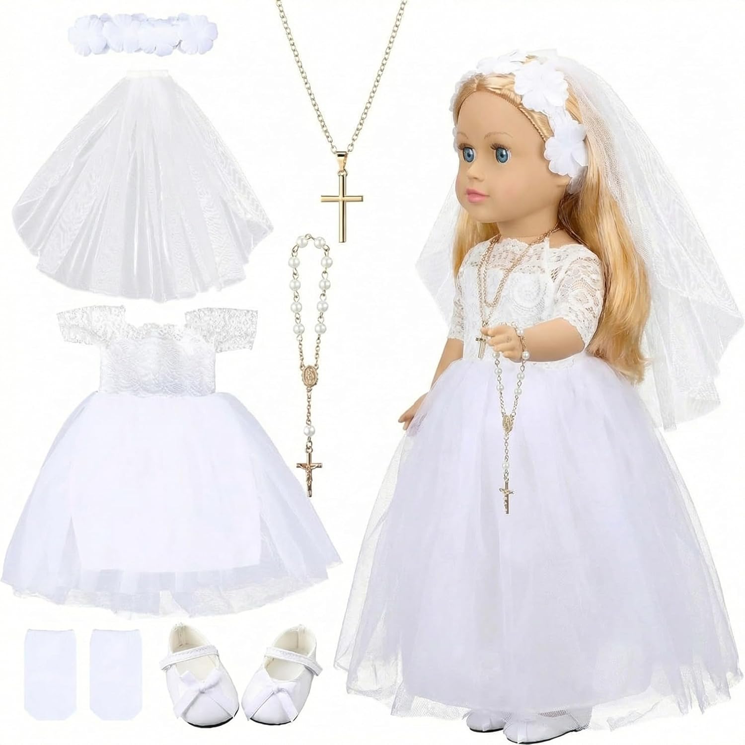 RoundFunny 7 Pcs 18 Inches American Doll Clothes Outfit First Communion Dress with Matching Headband Veil Bracelet Shoes Socks Necklaces Fit 18 Inches Dolls, Doll Not Included(Floral Headband)