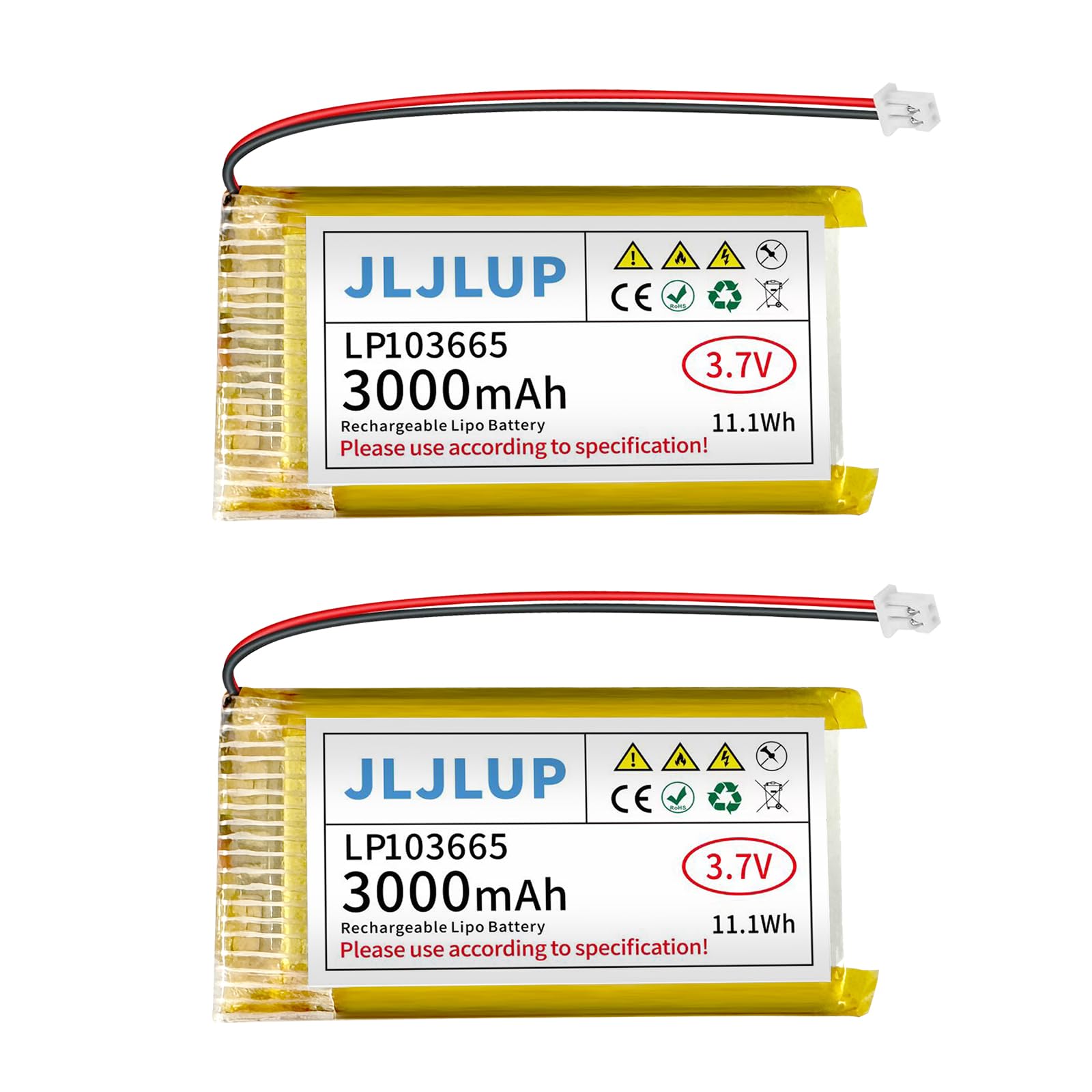 JLJLUP 2-Pack 3.7V LiPo 3000mAh Rechargeable Battery