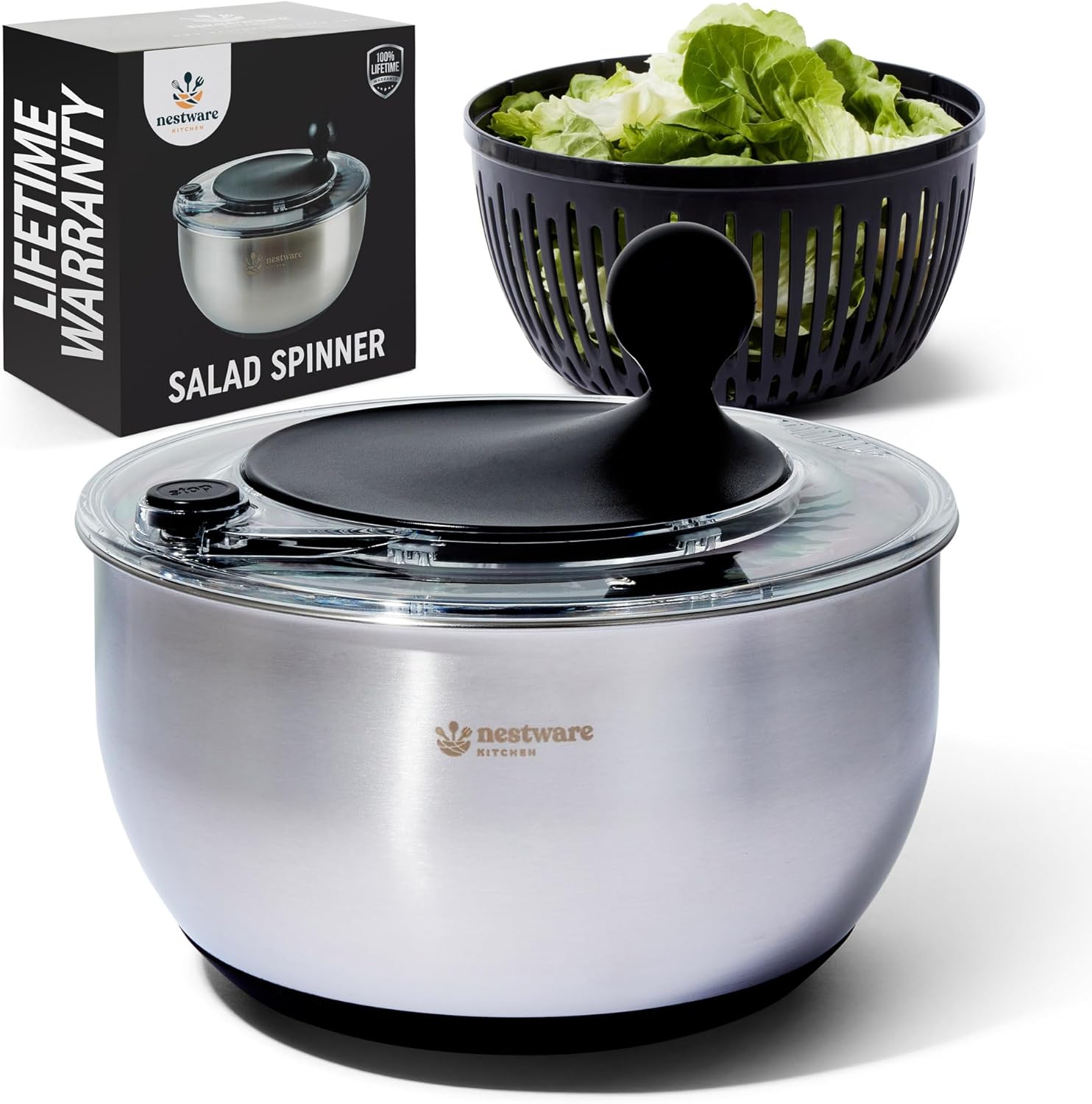 Nestware Kitchen 5L Stainless Steel Salad Spinner - 304 SS Lettuce Vegetable Dryer Non-Slip Base Black